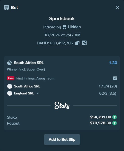 Bet slip: South Africa SRL - England SRL, $54,345.29 stake at 1.30 odds, placed by Hidden