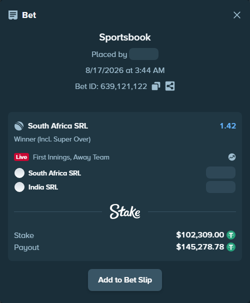 Bet slip: South Africa SRL - India SRL, $102,411.31 stake at 1.42 odds, placed by riaggo1