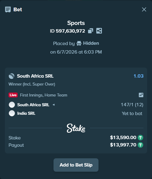 Bet slip: South Africa SRL - India SRL, $13,590.00 stake at 1.03 odds, placed by Hidden