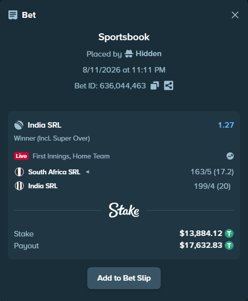 Bet slip: South Africa SRL - India SRL, $13,898.00 stake at 1.27 odds, placed by Hidden
