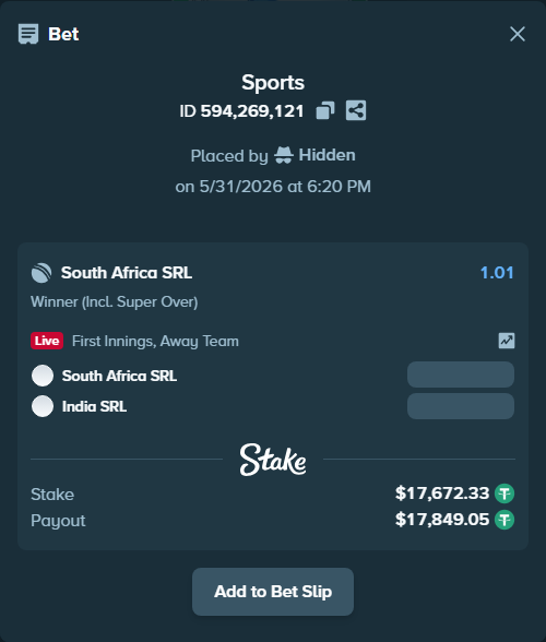 Bet slip: South Africa SRL - India SRL, $17,690.00 stake at 1.01 odds, placed by Hidden