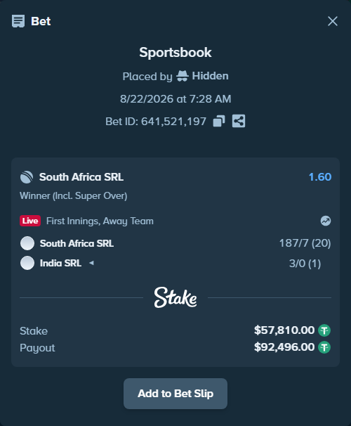 Bet slip: South Africa SRL - India SRL, $57,810.00 stake at 1.60 odds, placed by Hidden