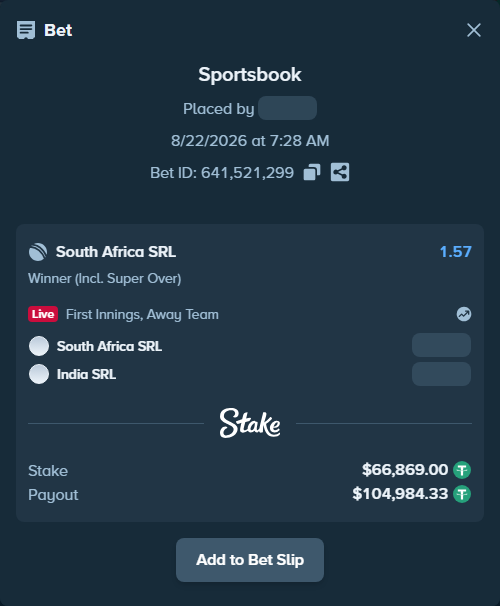 Bet slip: South Africa SRL - India SRL, $66,869.00 stake at 1.57 odds, placed by riaggo1