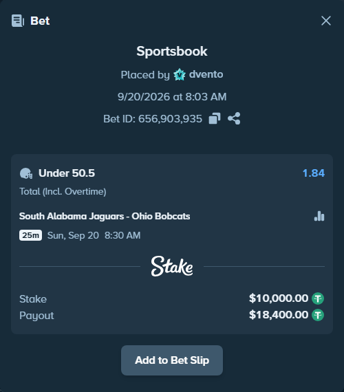 Bet slip: South Alabama Jaguars - Ohio Bobcats, $10,000.00 stake at 1.84 odds, placed by dvento