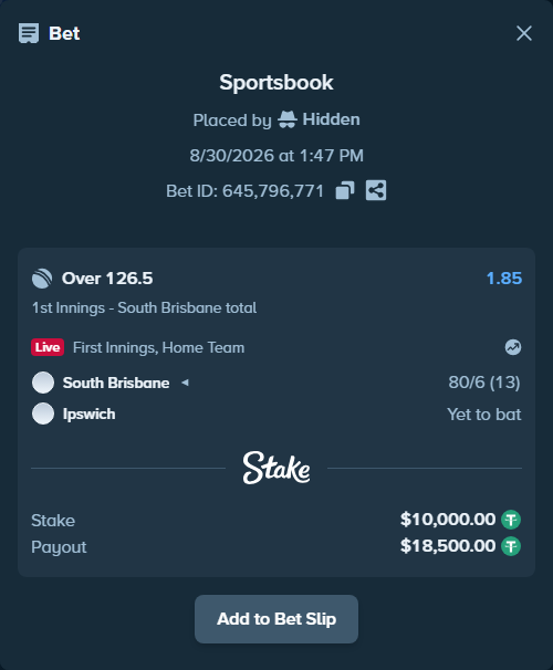 Bet slip: South Brisbane - Ipswich, $10,000.00 stake at 1.85 odds, placed by Hidden