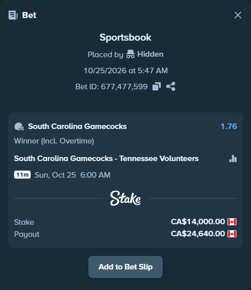 Bet slip: South Carolina Gamecocks - Tennessee Volunteers, $10,360.00 stake at 1.76 odds, placed by Hidden