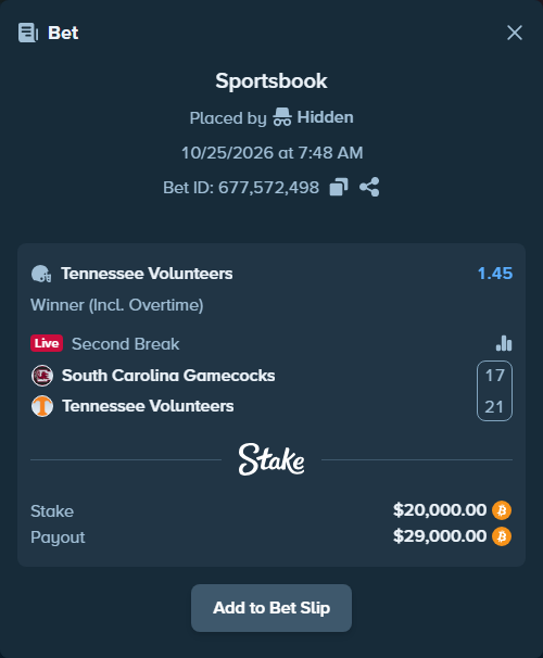Bet slip: South Carolina Gamecocks - Tennessee Volunteers, $20,120.21 stake at 1.45 odds, placed by Hidden