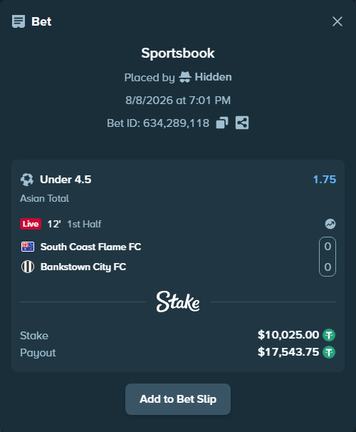 Bet slip: South Coast Flame FC - Bankstown City FC, $10,035.02 stake at 1.75 odds, placed by Hidden