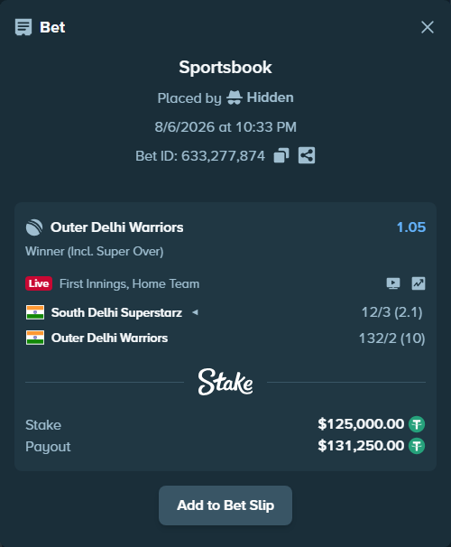 Bet slip: South Delhi Superstarz - Outer Delhi Warriors, $125,125.00 stake at 1.05 odds, placed by Hidden
