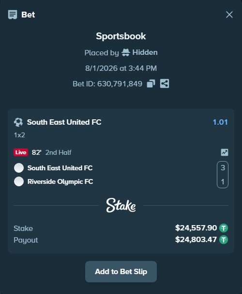 Bet slip: South East United FC - Riverside Olympic FC, $24,582.45 stake at 1.01 odds, placed by Hidden