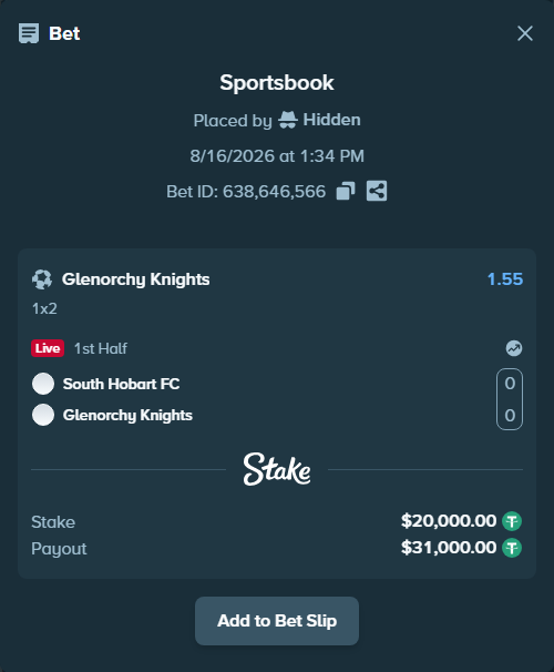 Bet slip: South Hobart FC - Glenorchy Knights, $20,020.00 stake at 1.55 odds, placed by Hidden
