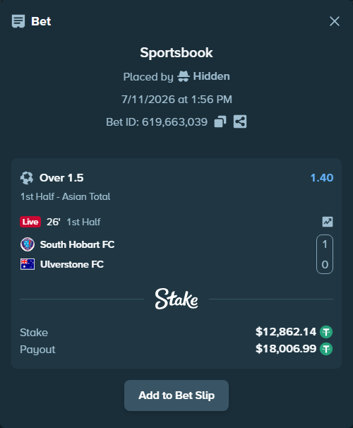 Bet slip: South Hobart FC - Ulverstone SC, $12,875.00 stake at 1.40 odds, placed by Hidden