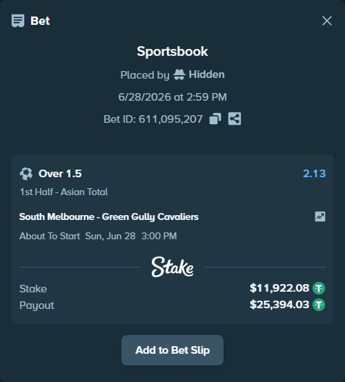Bet slip: South Melbourne FC - Green Gully SC, $11,934.00 stake at 2.13 odds, placed by Hidden