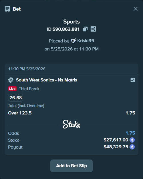 Bet slip: South West Sonics - Ns Matrix, $24,846.67 stake at 1.75 odds, placed by Kriski99