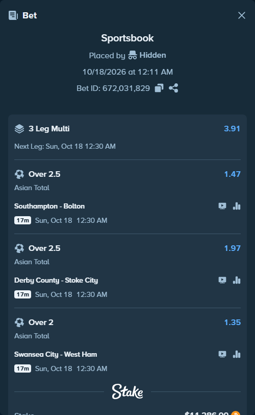 Bet slip: Southampton - Bolton, $11,306.34 stake at 1.47 odds, placed by kenthimself