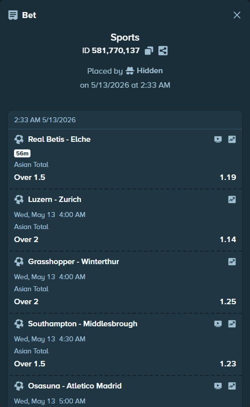Bet slip: Southampton - Middlesbrough, $10,000.00 stake at 1.23 odds, placed by Hidden