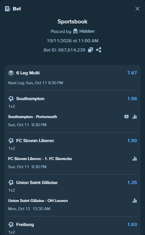 Bet slip: Southampton - Portsmouth, $12,811.10 stake at 1.56 odds, placed by Hidden