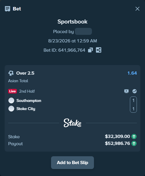 Bet slip: Southampton - Stoke City, $32,309.00 stake at 1.64 odds, placed by tlwns4736