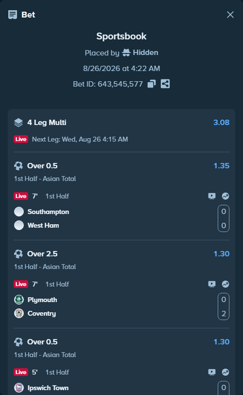 Bet slip: Southampton - West Ham, $90,898.00 stake at 1.35 odds, placed by Hidden