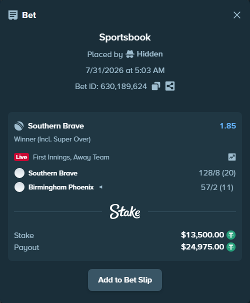Bet slip: Southern Brave - Birmingham Phoenix, $13,513.50 stake at 1.85 odds, placed by Hidden
