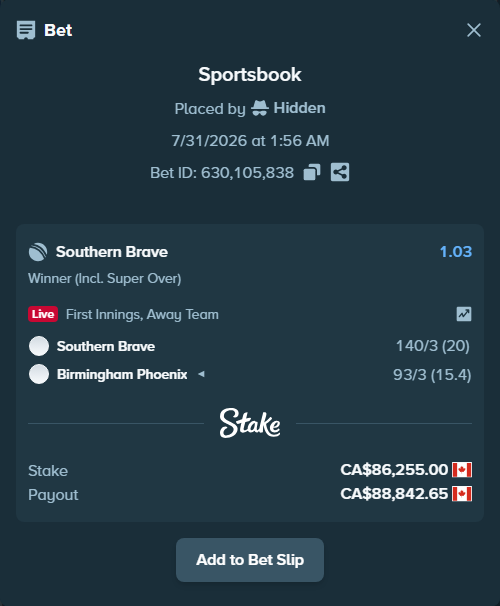 Bet slip: Southern Brave - Birmingham Phoenix, $63,828.70 stake at 1.03 odds, placed by Hidden
