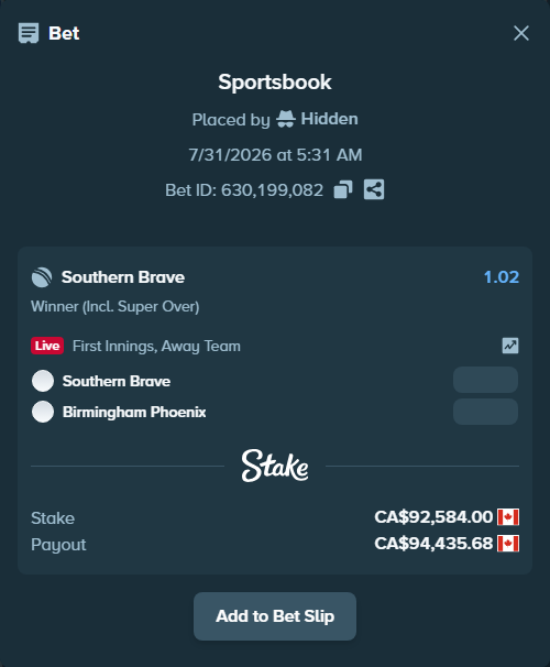 Bet slip: Southern Brave - Birmingham Phoenix, $68,512.16 stake at 1.02 odds, placed by Hidden