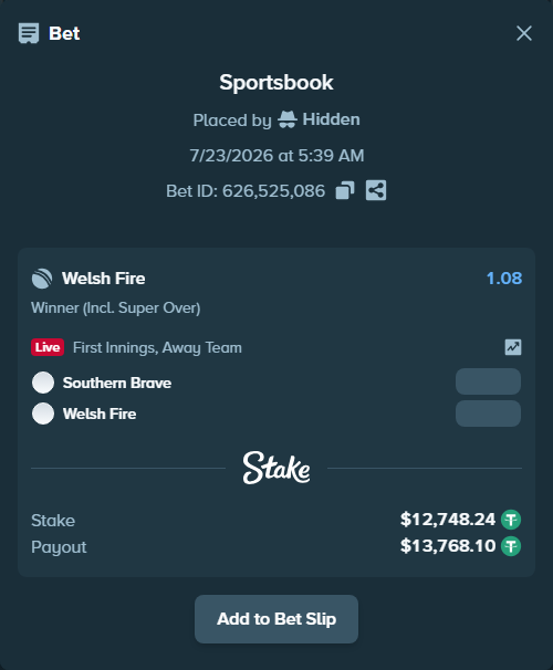 Bet slip: Southern Brave - Welsh Fire, $12,760.99 stake at 1.08 odds, placed by Hidden