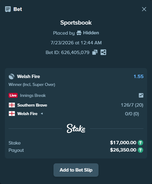 Bet slip: Southern Brave - Welsh Fire, $17,017.00 stake at 1.55 odds, placed by Hidden
