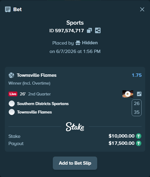 Bet slip: Southern Districts Spartans - Townsville Flames, $10,000.00 stake at 1.75 odds, placed by Hidden