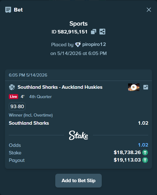 Bet slip: Southland Sharks - Auckland Tuatara, $18,757.00 stake at 1.02 odds, placed by piropiro12