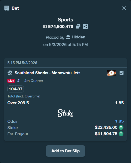Bet slip: Southland Sharks - Manawatu Jets, $22,435.00 stake at 1.85 odds, placed by Hidden