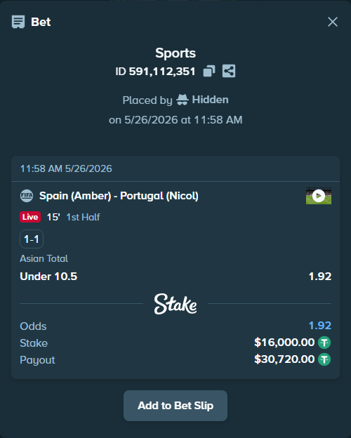 Bet slip: Spain (Amber) - Portugal (Nicol), $16,000.00 stake at 1.92 odds, placed by Hidden