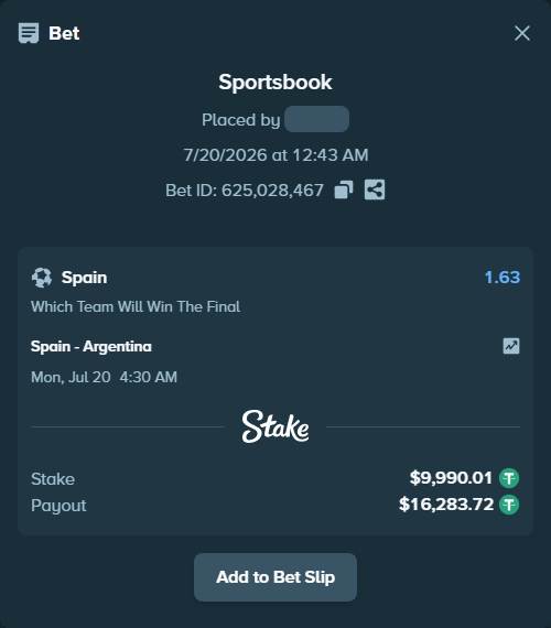 Bet slip: Spain - Argentina, $10,000.00 stake at 1.63 odds, placed by Yarmola999