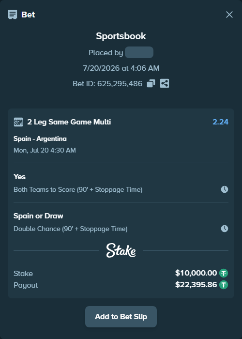 Bet slip: Spain - Argentina, $10,000.00 stake at 1.77 odds, placed by Vardan978