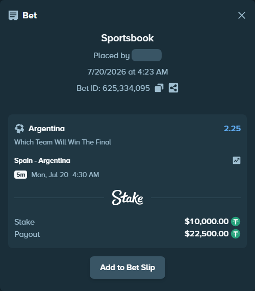 Bet slip: Spain - Argentina, $10,000.00 stake at 2.25 odds, placed by ZZZ777999