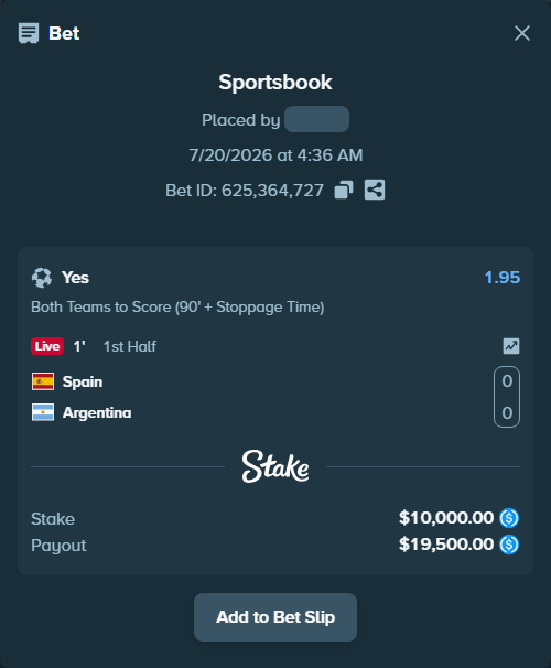 Bet slip: Spain - Argentina, $10,000.00 stake at 1.95 odds, placed by Saidarx