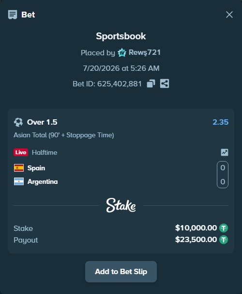 Bet slip: Spain - Argentina, $10,000.00 stake at 2.35 odds, placed by Rewş721