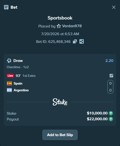 Bet slip: Spain - Argentina, $10,000.00 stake at 2.20 odds, placed by Vardan978