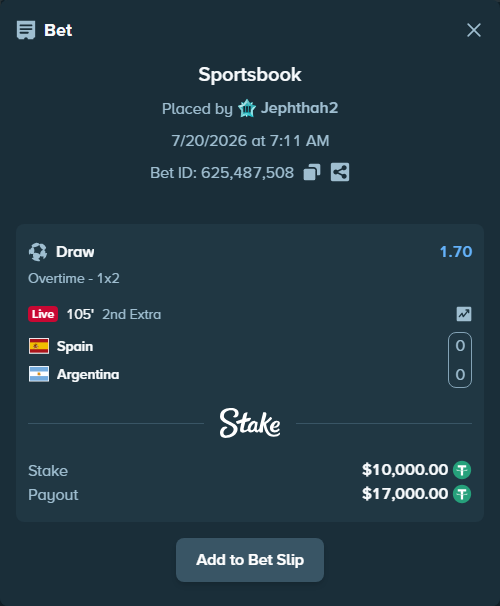 Bet slip: Spain - Argentina, $10,000.00 stake at 1.70 odds, placed by Jephthah2