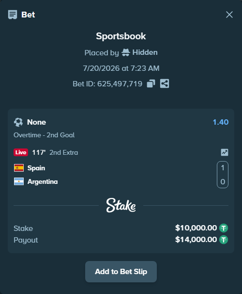 Bet slip: Spain - Argentina, $10,000.00 stake at 1.40 odds, placed by Hidden