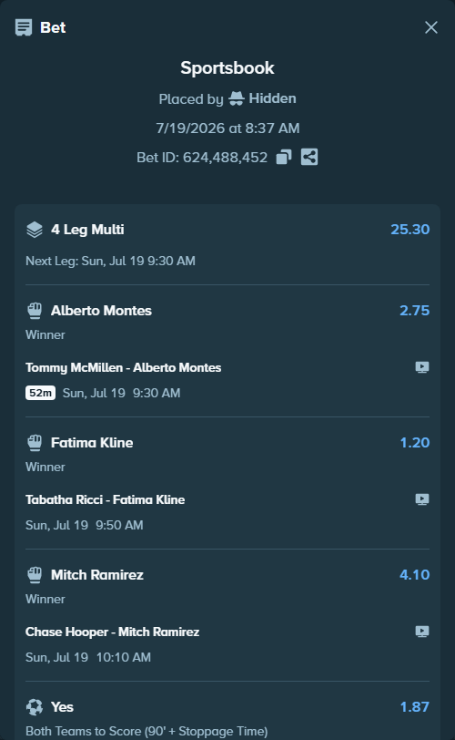 Bet slip: Spain - Argentina, $10,010.00 stake at 1.87 odds, placed by Hidden