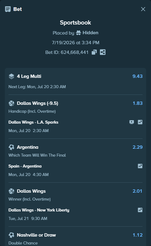 Bet slip: Spain - Argentina, $139,893.72 stake at 2.29 odds, placed by Hidden