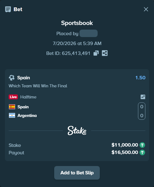 Bet slip: Spain - Argentina, $11,000.00 stake at 1.50 odds, placed by svjflames