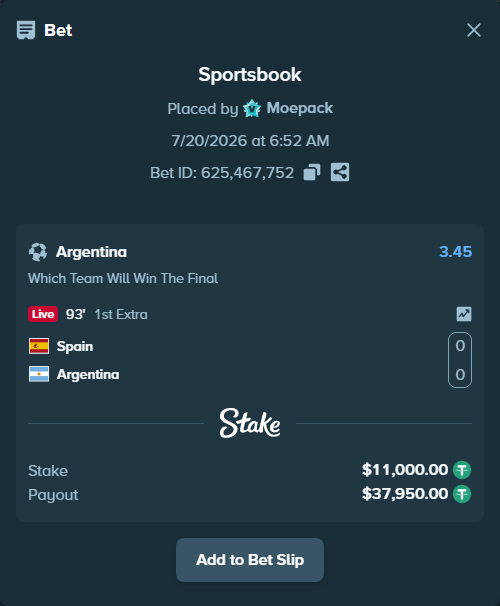 Bet slip: Spain - Argentina, $11,000.00 stake at 3.45 odds, placed by Moepack