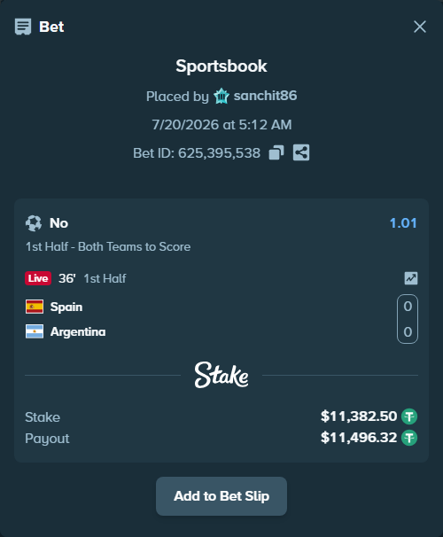 Bet slip: Spain - Argentina, $11,382.50 stake at 1.01 odds, placed by sanchit86