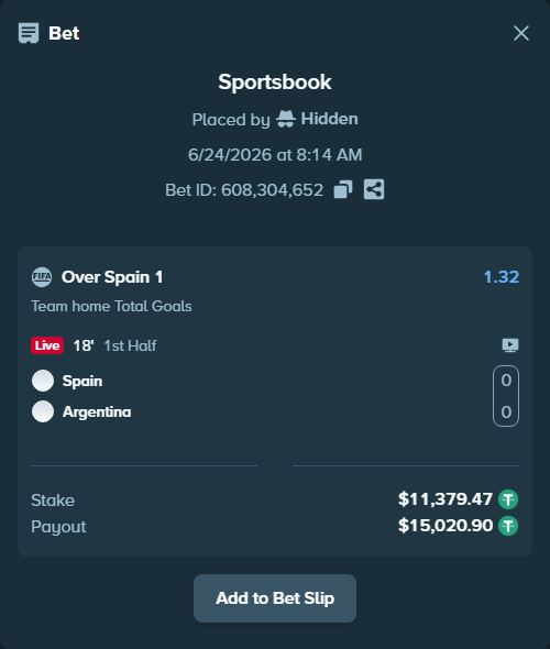 Bet slip: Spain - Argentina, $11,390.85 stake at 1.32 odds, placed by Skilger