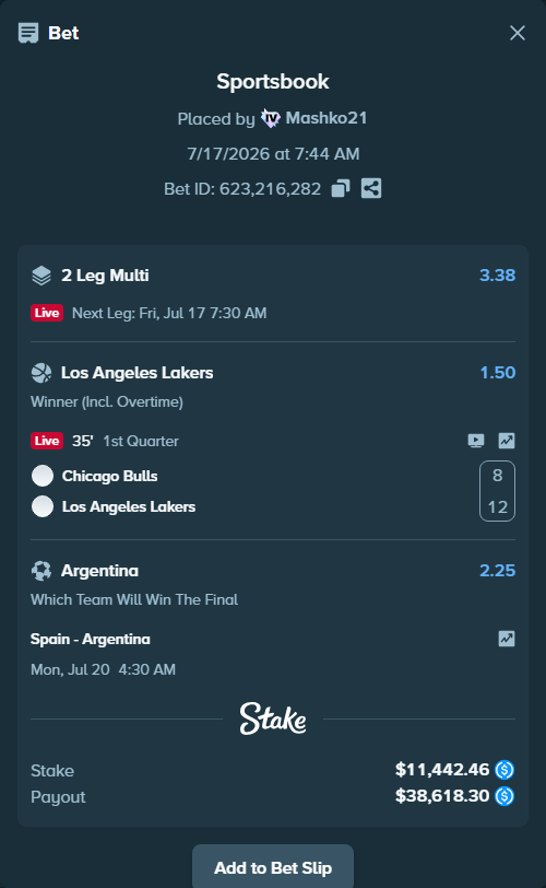 Bet slip: Spain - Argentina, $11,442.46 stake at 2.25 odds, placed by Mashko21