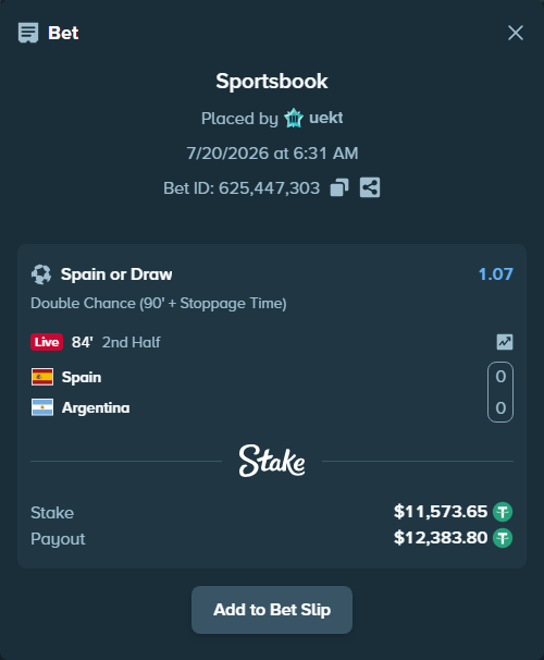 Bet slip: Spain - Argentina, $11,573.65 stake at 1.07 odds, placed by uekt