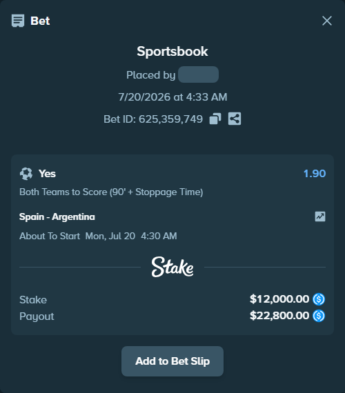 Bet slip: Spain - Argentina, $12,000.00 stake at 1.90 odds, placed by Hoggtann