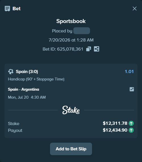 Bet slip: Spain - Argentina, $12,324.10 stake at 1.01 odds, placed by uekt